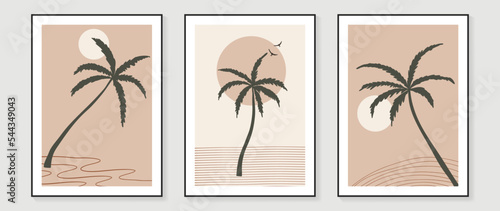 Set of contemporary abstract design wall art vector. Collection of natural scenery  coconut tree  wave line art  sun  bird. Design illustration for wallpaper  wall decor  card  poster  cover  print.