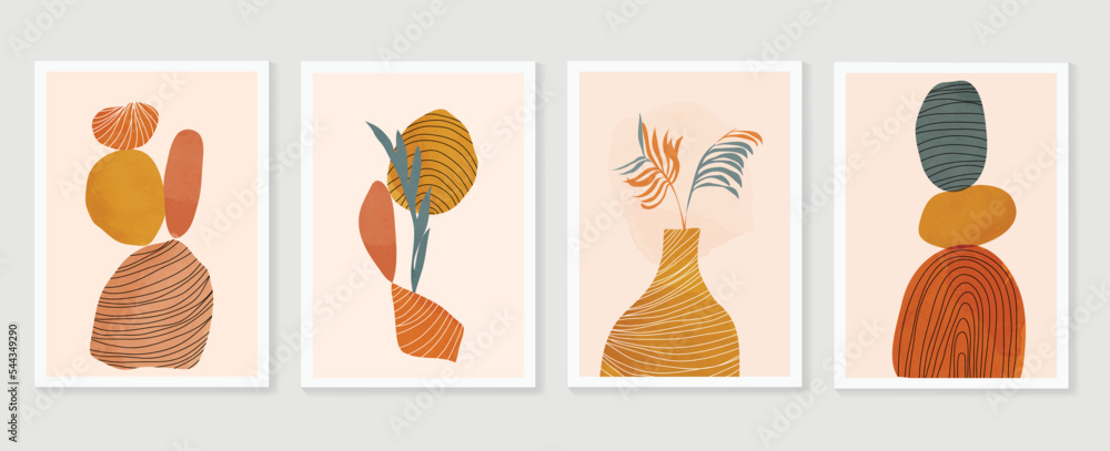 Fototapeta premium Set of contemporary abstract design wall art vector. Collection of watercolor leaf branch, rock tower, lines, organic shape. Design illustration for wallpaper, wall decor, card, poster, cover, print.