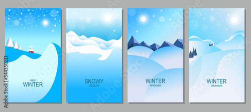 Vector flat illustration of winter landscape. Snowy winter, snowdrifts, snowfall, mountains. Design elements for poster, book cover, brochure, magazine, flyer, booklet.