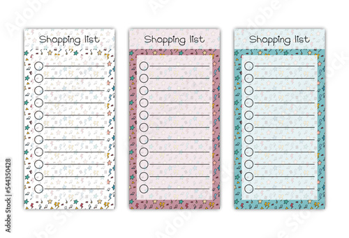 Shopping list page. Vector set of colorful printable organizers for customer. Blank personal planner of purchases. Funny doodle design