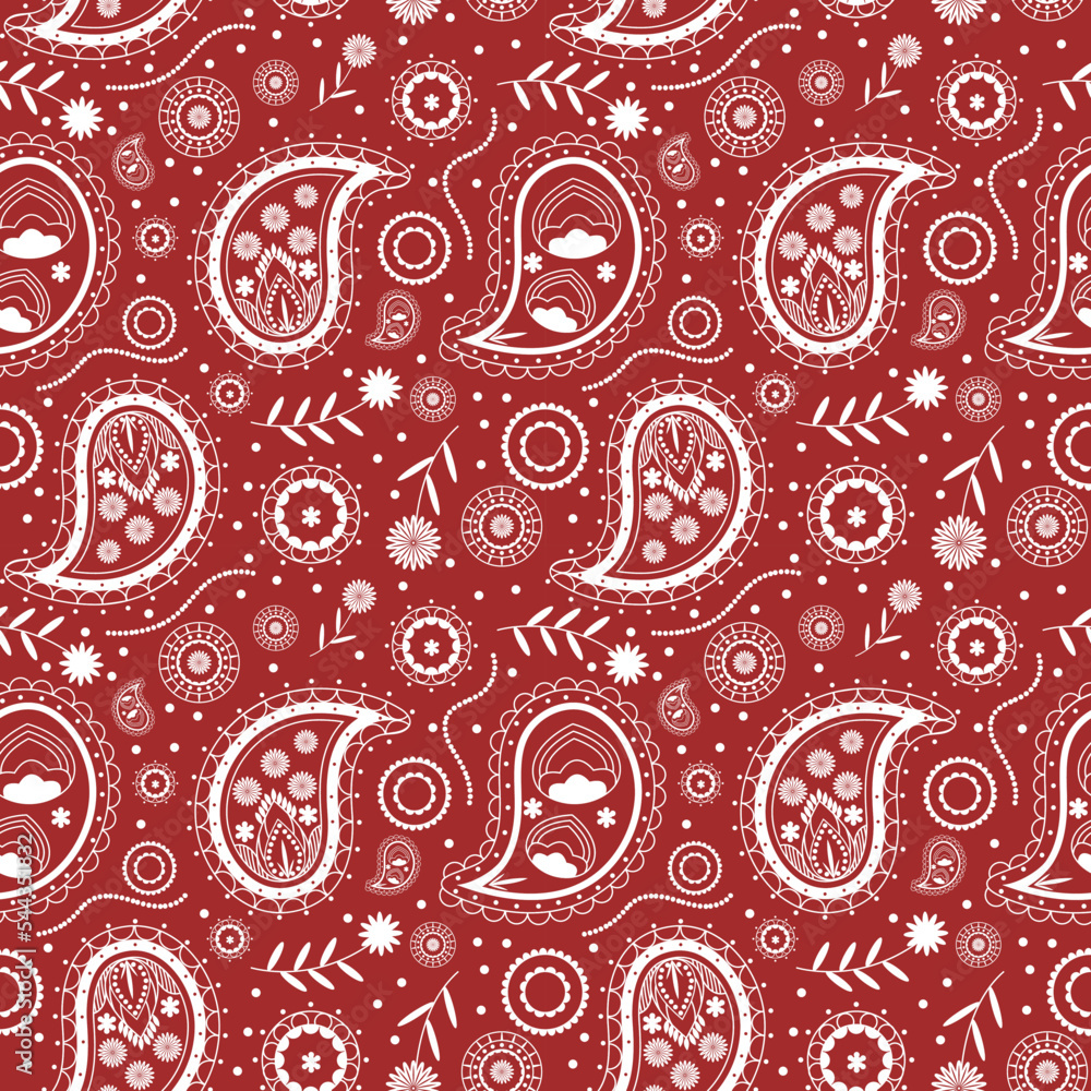 Red bandana kerchief paisley fabric patchwork abstract vector seamless pattern