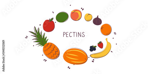 Pectins-containing food. Groups of healthy products containing vitamins and minerals. Set of fruits, vegetables, meats, fish and dairy.