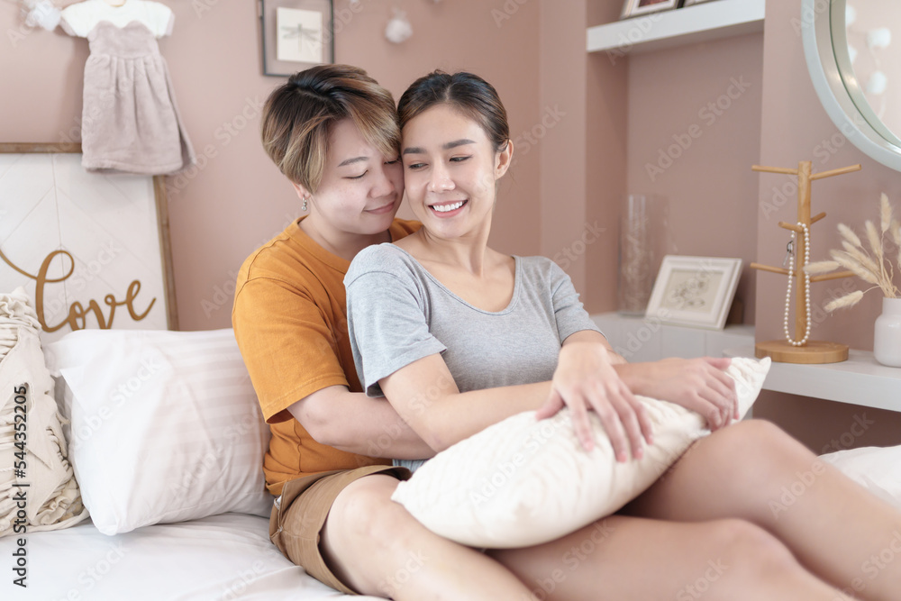 Asian lesbian couple, LGBTQ. Happy Two young Asia women showing love and romance together at home. Positive mood and moment of LGBT lesbian. Asian lesbian couple, LGBTQ. Happy Two young Asia women showing love and romance together at home. Positive mood and moment of LGBT lesbian.