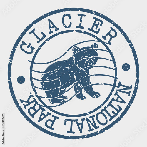 Glacier National Park, West Glacier, MT, USA Silhouette Postal Passport. Stamp Round Vector Icon. Design Travel Postmark. 