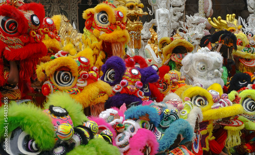 Photography Many colorful head  Chinese lion puppet  Lion dance / /Chinese new year decorati