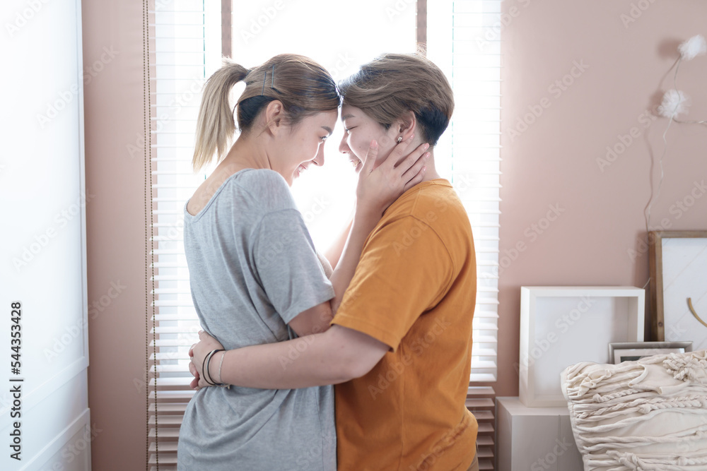 Asian lesbian couple, LGBTQ. Happy Two young Asia women showing love and romance together at home. Positive mood and moment of LGBT lesbian. Asian lesbian couple, LGBTQ. Happy Two young Asia women showing love and romance together at home. Positive mood and moment of LGBT lesbian.