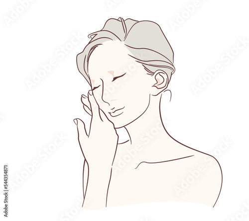 手の甲で肌の感触をたしかめる仕草をする女性の美容イラスト