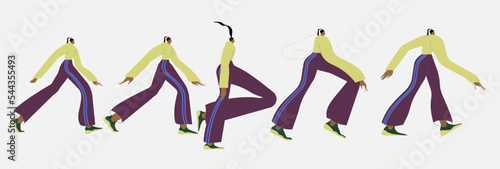 Walk cycle sequence animation. Man in motion, going, stepping side view. Woman gait phases, positions. Casual person profile moving. Flat vector illustrations isolated on white background