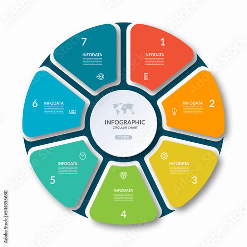Infographic circle with 7 options, parts. 7-step vector template for business infographics. Process chart, cycle diagram for business presentation, report, brochure, web, data visualization.