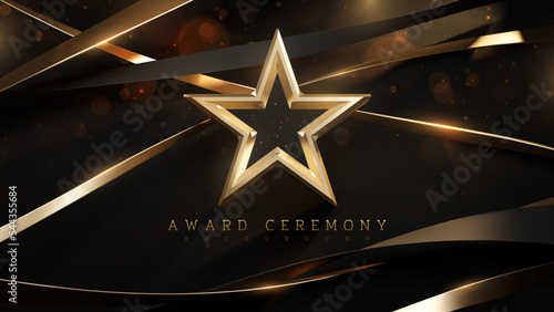 Award ceremony background with 3d gold star and ribbon element and glitter light effect decoration.