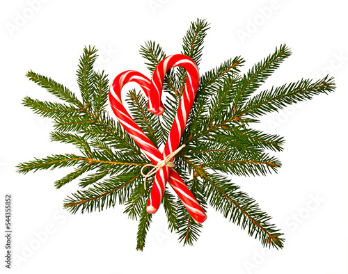 Fir branches are decorated with traditional Christmas candies. Isolated on white background..