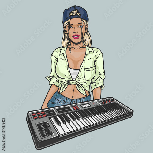Girl with synthesizer colorful sticker