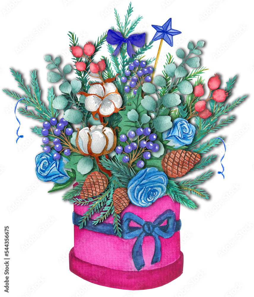 Christmas decoration bouquet. Composition with fir-tree branches, cotton, roses, berries, cones.