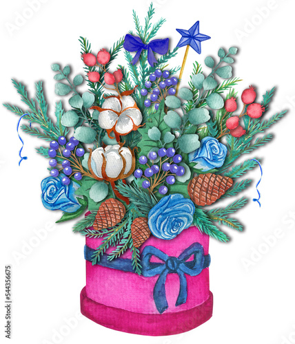 Christmas decoration bouquet. Composition with fir-tree branches, cotton, roses, berries, cones.