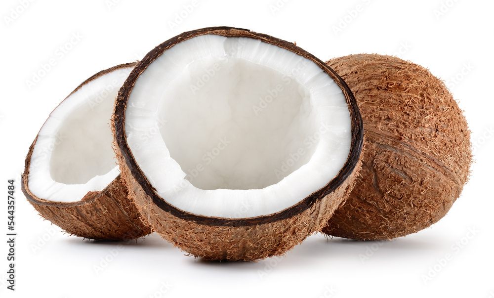 Coconut half isolated. Broken coconuts on white background. Coconut. Coco composition with half and whole. Full depth of field. Coconut half isolated. Broken coconuts on white background. Coconut. Coco composition with half and whole. Full depth of field.