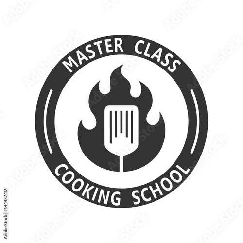 Cooking school graphic sign. Master class label. Isolated symbol on white background. Vector illustration