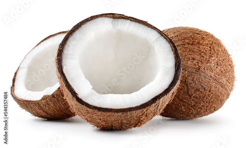 Coconut half isolated. Broken coconuts on white background. Coconut. Coco composition with half and whole. Full depth of field.