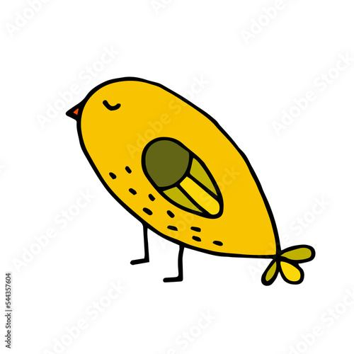 Little yellow bird. Canary. Sparrow. Drawn by hand. Doodle. Sketch.