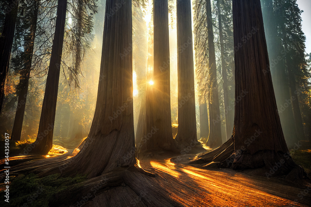 Giant Redwood trees with the sun shining through Stock Illustration ...