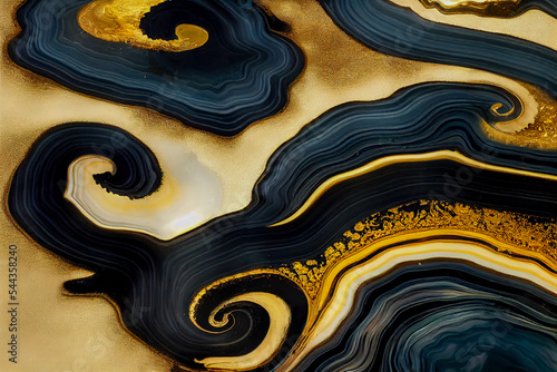 black marble background. Luxury abstract fluid art painting in alcohol ink technique, mixture of black, gray and gold paints. Black golden natural texture