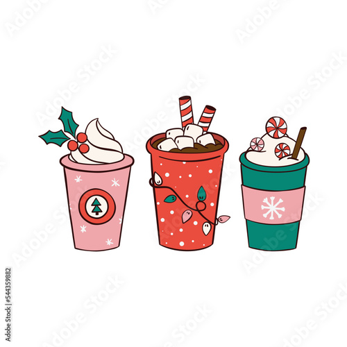 Set of Christmas groovy cups of coffee to go