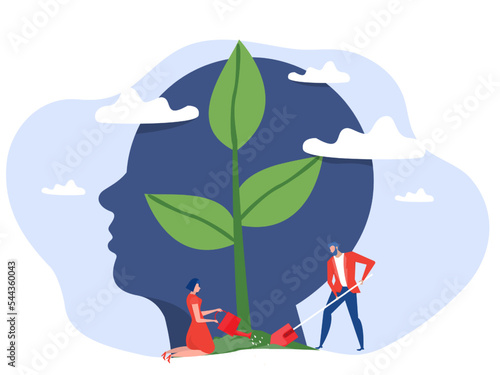 People watering plants from the brain  put think growth mindset self-improvement and self-improvement ideas  concept vector