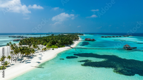 Fototapeta Naklejka Na Ścianę i Meble -  Aerial View, Gili Lankanfushi with Water Bungalows, Indian Ocean, Lankanfushi, North Malé Atoll, Maldives