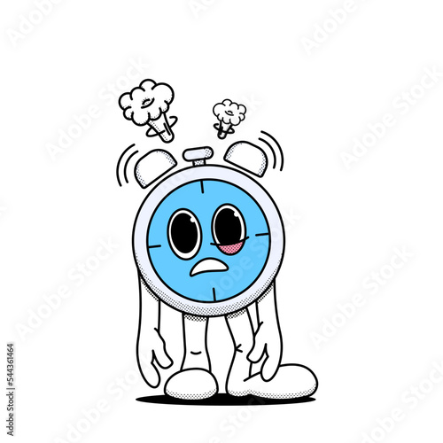 Alarm clock, stopwatch stands in a displeased pose. The concept of getting up early. Doodle style. Stock vector illustration of alarm clock, stopwatch in cartoon style. Isolated white background.