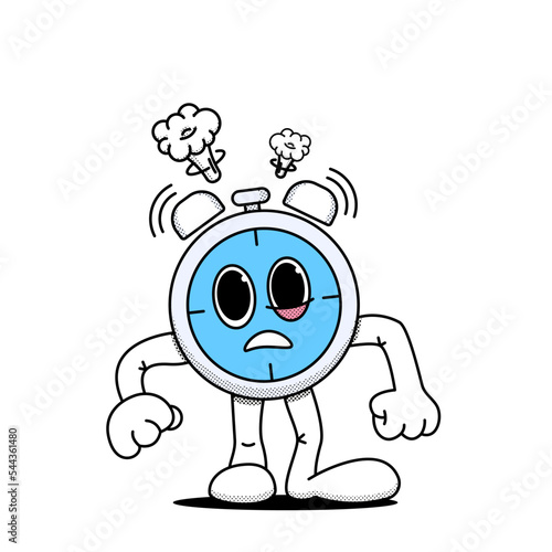 Alarm clock, stopwatch stands in a displeased pose. The concept of getting up early. Doodle style. Stock vector illustration of alarm clock, stopwatch in cartoon style. Isolated white background.