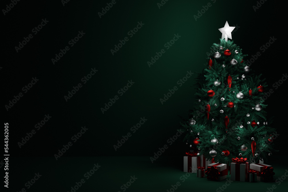 Christmas tree with gift box on dark green background. 3d render