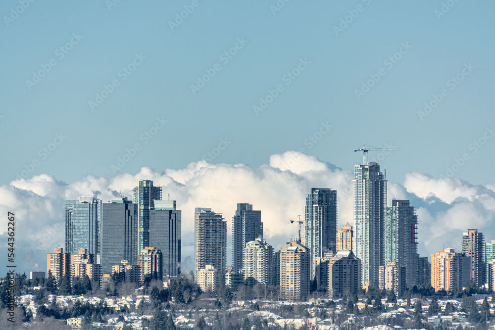 Cityscape of Metrotown on winter season. City in foggy winter morning in Canada