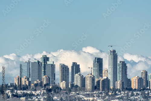 Cityscape of Metrotown on winter season. City in foggy winter morning in Canada