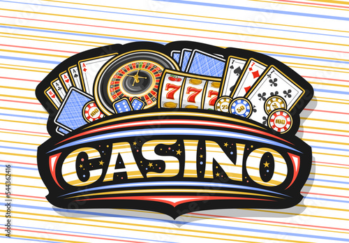 Vector logo for Casino, dark sign board for gambling with illustration of european roulette wheel, colorful casino coins, poker four of a kind, blue gambling cubes, decorative stars and word casino