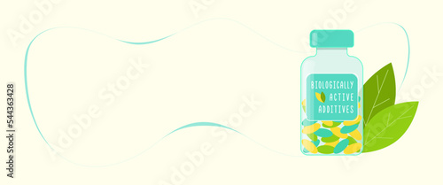Banner Biologically Active Additives BAA Dietary supplements, bottle vitamins, antioxidant tablets, health capsules.