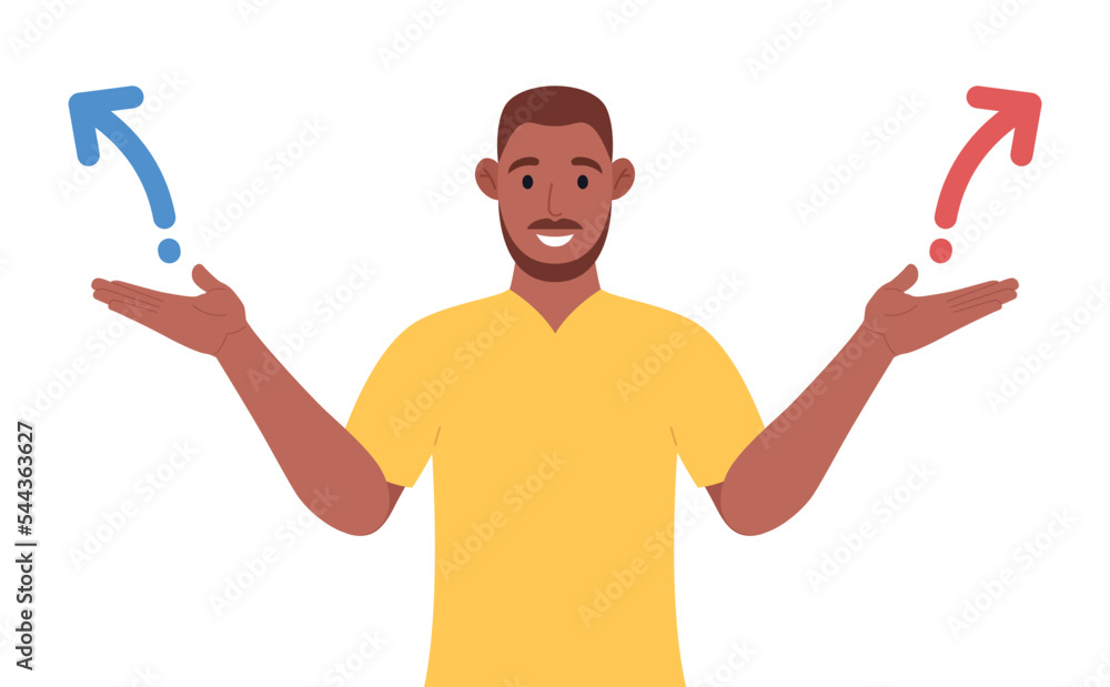 A bearded african american man spreading outstretched arms trying to choose right or left direction. Vector. A bearded african american man spreading outstretched arms trying to choose right or left direction. Vector.