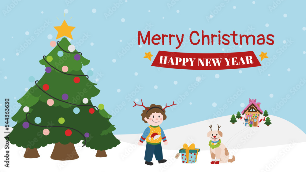 The kid and dog enjoy outside. Merry Christmas card design vector, cute boy. Happy new year poster illustration. Winter background with the snowy landscape.