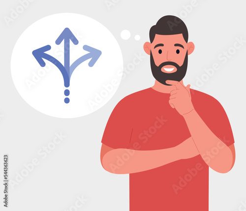 A bearded man in red t-shirt thinking which way to go. Alternative choice. Vector.