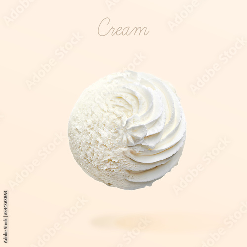 Plain ice cream. Scoop of white ice cream with whipped cream on a gradient background. Cream and milk cream. 3d illustration.