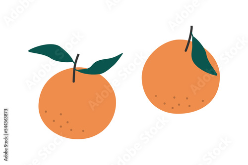 Hand drawn cute cartoon illustration of two tangerines with leaves. Flat vector Christmas winter citrus fruit sticker in colored doodle style. New Year, Xmas icon or print. Isolated on background.