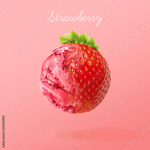 Strawberry ice cream. Red ice cream ball on gradient background. Mix of ice cream and fruit. 3d illustration.
