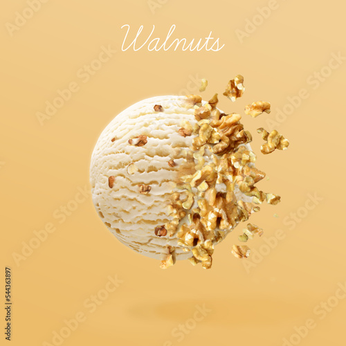 Walnut ice cream. Ball of walnut flavor ice cream with exploding nuts on gradient background. Mix of ice cream and nuts. 3d illustration.