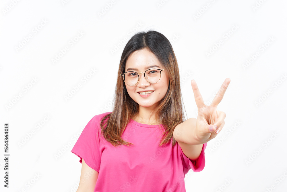 Showing Peace Sign of Beautiful Asian Woman Isolated On White Background Showing Peace Sign of Beautiful Asian Woman Isolated On White Background