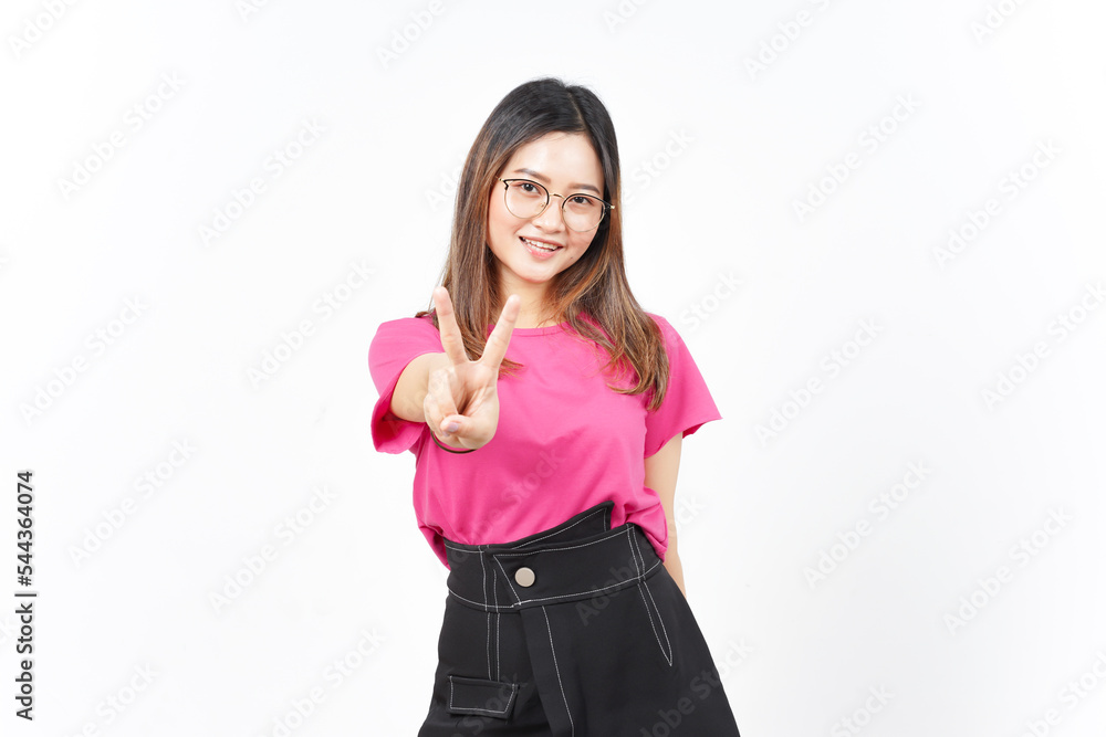 Showing Peace Sign of Beautiful Asian Woman Isolated On White Background Showing Peace Sign of Beautiful Asian Woman Isolated On White Background
