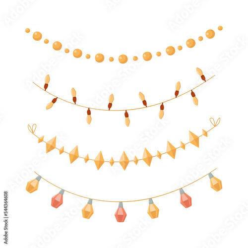 Set of Christmas garlands. Bells, lanterns, flags, beads. Festive decor elements. Vector illustration. Set for holiday design of cards, invitations, wrapping paper. Christmas decorations
