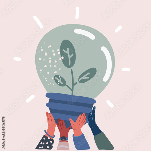 Vector illustration of Hands holding green ecology light bulb