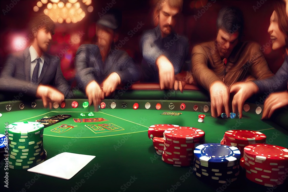 Interior of sleek modern casino with people playing and betting their casino chips at green table with dices games and cards with copy space. Concept of gambling-addicted and richness. copy space Interior of sleek modern casino with people playing and betting their casino chips at green table with dices games and cards with copy space. Concept of gambling-addicted and richness. copy space