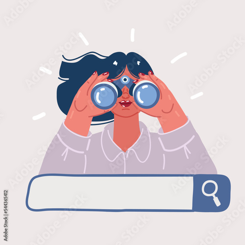 Vector illustration of woman look through binoculars. Searching bar. Business metaphore for search or research, development, web surfing and looking for new business or career opportunities. T