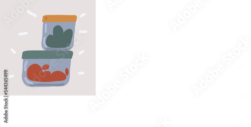 Meat, Fish, broccoli and beans in plastics containers for refrigerated storage vector flat material design isolated on white