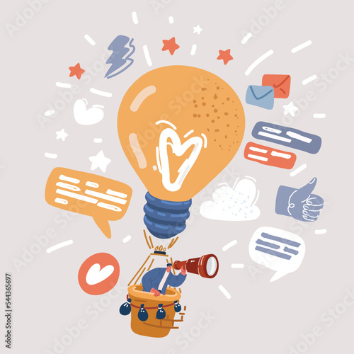 Man flies on huge light bulb. Successful idea. Colorful vector illustration