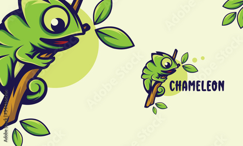 Chameleon on the tree branch cartoon vector logo illustration